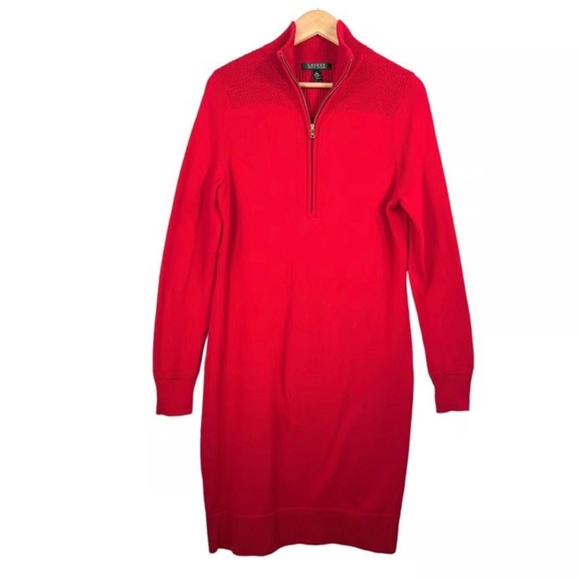 Lauren Ralph Lauren Red Knit Quarter Zip Long Sleeve Dress Size L - Picture 1 of 6